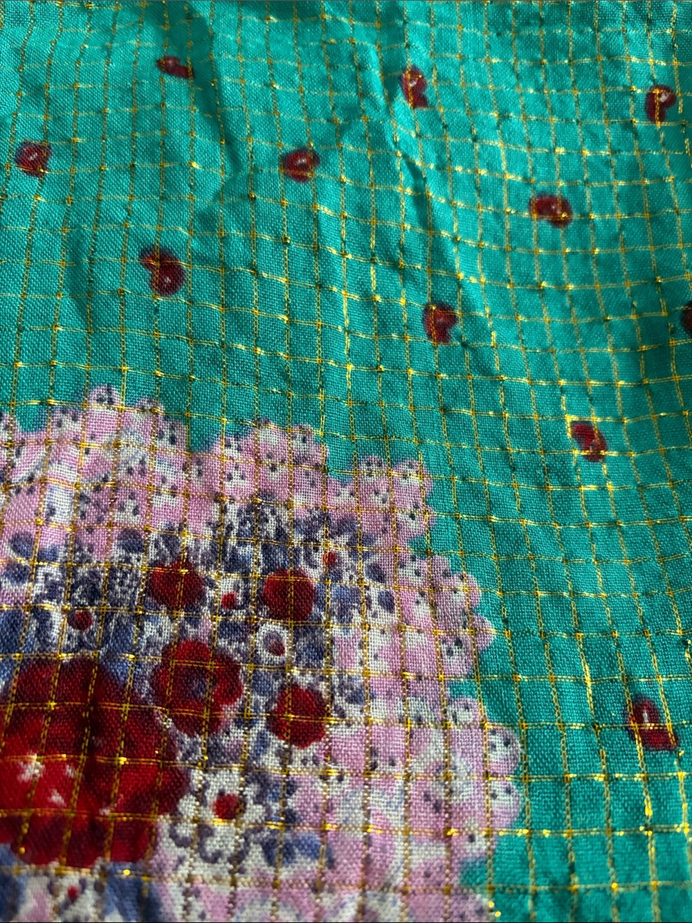 Teal Floral Metallic Grid Scarf
